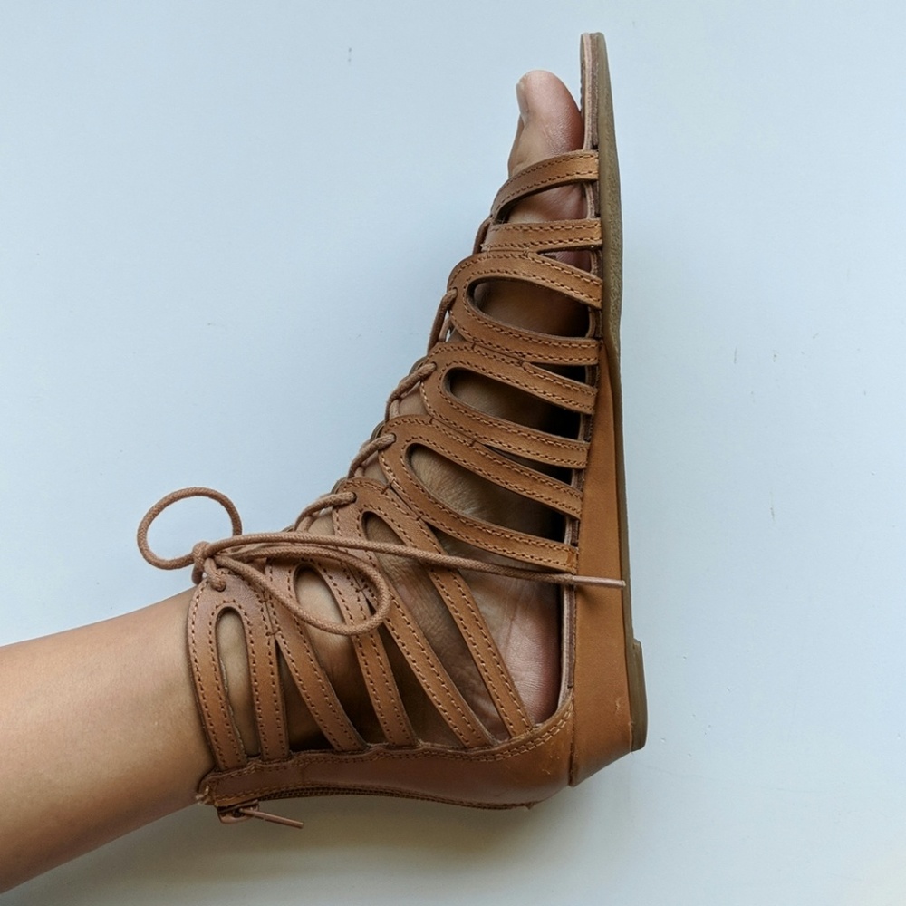 Tan, lace-up sandals